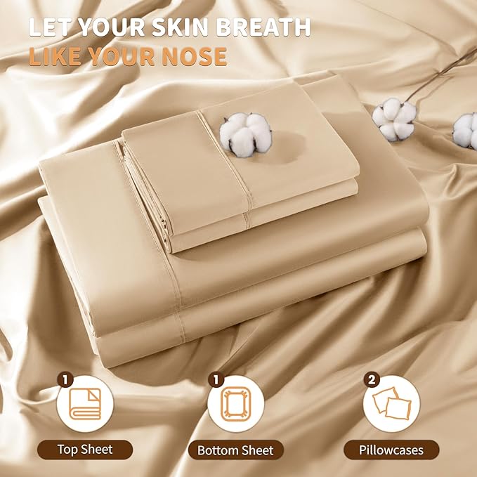 LBRO2M 100% Cotton Sheets Set Deep Pocket 19", 1000 Thread Count Full Size 4 Piece Bed Sheet Sets Soft Comfortable Bedding All Season (Full, Cream)