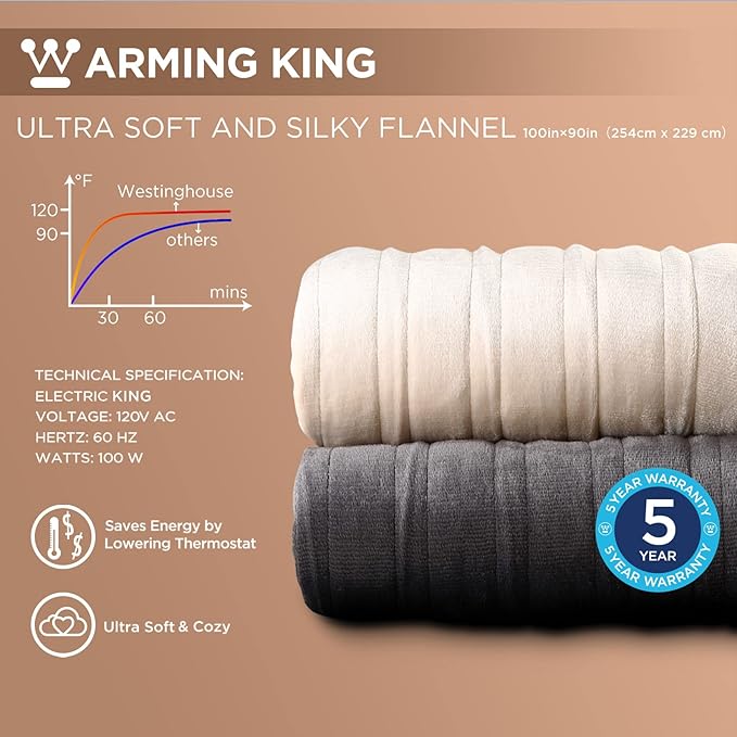 Westinghouse King Size Electric Heating Blanket, 10 Levels, Auto Shut Off, Fast Heating, Machine Washable (Beige, 100x90 Inches)