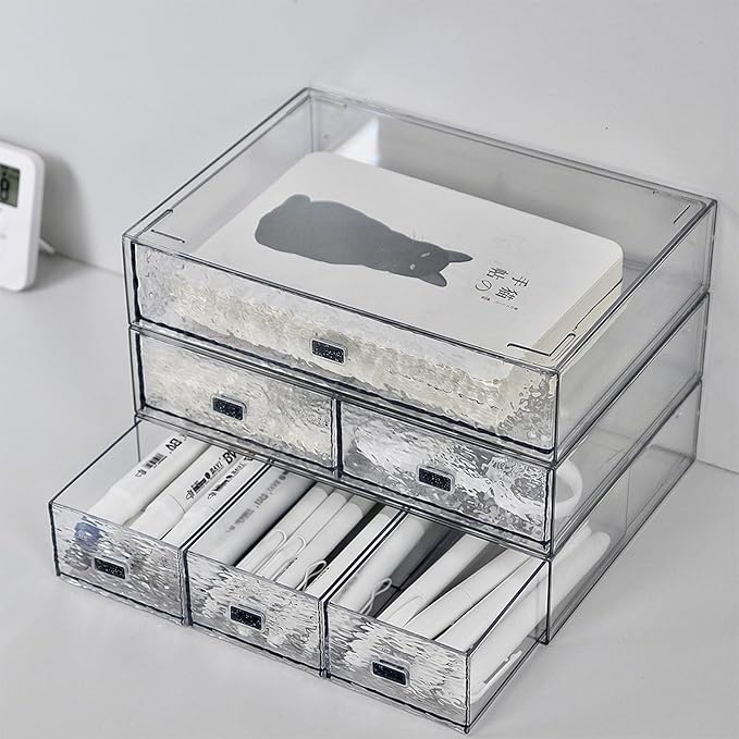 Desk Drawer Organizer, Stackable Plastic Storage Drawer, Grocery Organizer For Stationery/Office Supplies (New Clear, 2 Compartment)