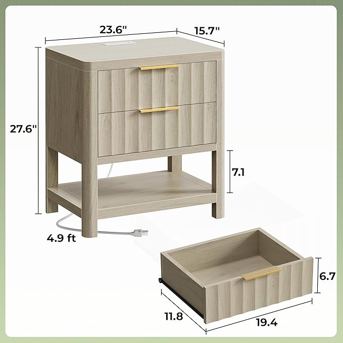 Huuger 27.6 Inch Tall Night Stands with Charger Station, USB-C Port, Fluted Nightstand Set of 2, Larger Wider Bed Side Table with 2 Deep Drawers, Open Shelf, Bedroom Living Room End Table, Grey