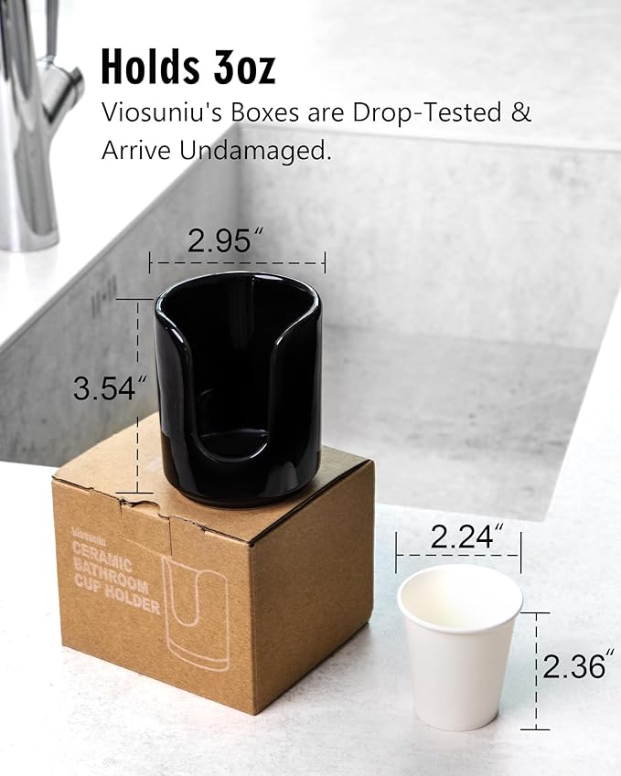 3 oz Original Ceramic Bathroom Cup Dispenser with 5 PLA Paper Cups, Bathroom Essential Accessories for Mouthwash Holder on Bathroom Vanity Countertops (1 Pack, Black)