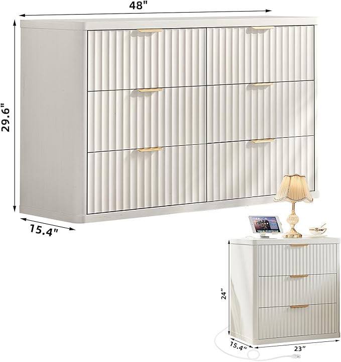 LEYAOYAO Fluted Dresser and 3 Drawers Nightstand Set of 2, Wood 48" Wide Dresser & 23" Night Stand with Charging Station, 3 Piece Bedroom Furniture Set, Chest of Drawers for Living Room,Antique White
