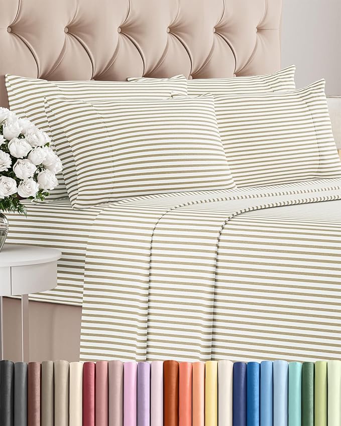 Queen 6 Piece Sheet Set - Cooling, Comfy & Breathable - Hotel Luxury Bedding, Includes Fitted Sheet for Women, Men, Kids & Teens - 1 Flat, 1 Fitted Sheet, 4 Pillowcases w/Deep Pockets - Beige Stripes