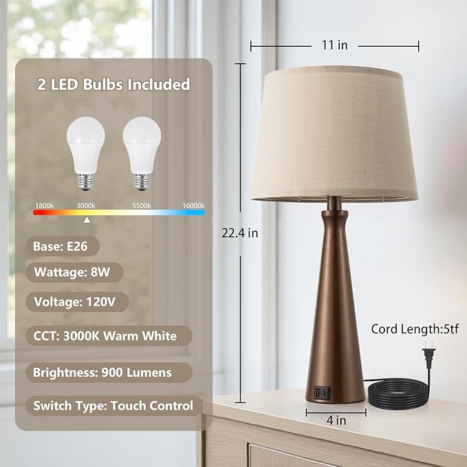 Seealle Modern Table Lamps Set of 2 - Touch Bedside Lamp for Nightstand with Dual USB C+A,3-Way Dimmable Brown Nightstand Lamps for Living Room Bedroom End Table with Oat Shade(Bulb Included)