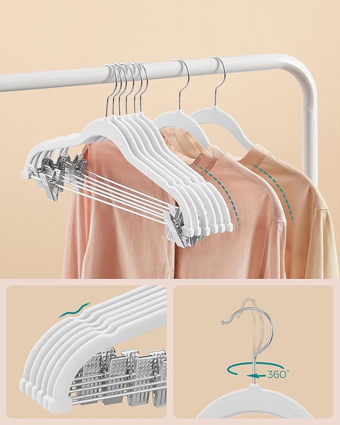 SONGMICS 30-Pack Pants Hangers, 16.7-Inch Long Velvet Hanger with Adjustable Clips, Heavy-Duty, Non-Slip Skirt Hangers, Space-Saving for Pants, Skirts, Coats, Dresses, White UCRF012W02