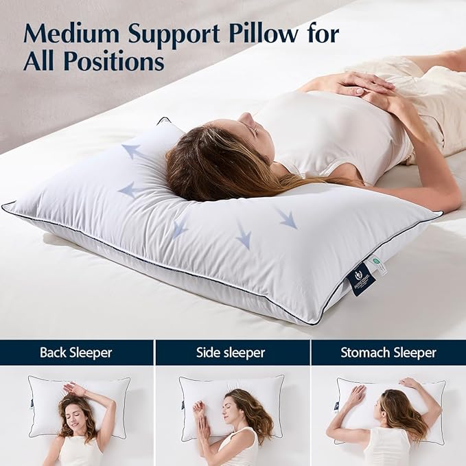 Pacific Coast White Goose Down Fiber Pillows, Bed Pillows for Back, Stomach and Side Sleepers, King Size Pillows Set of 2, Hotel Collection, Fluffy, Medium