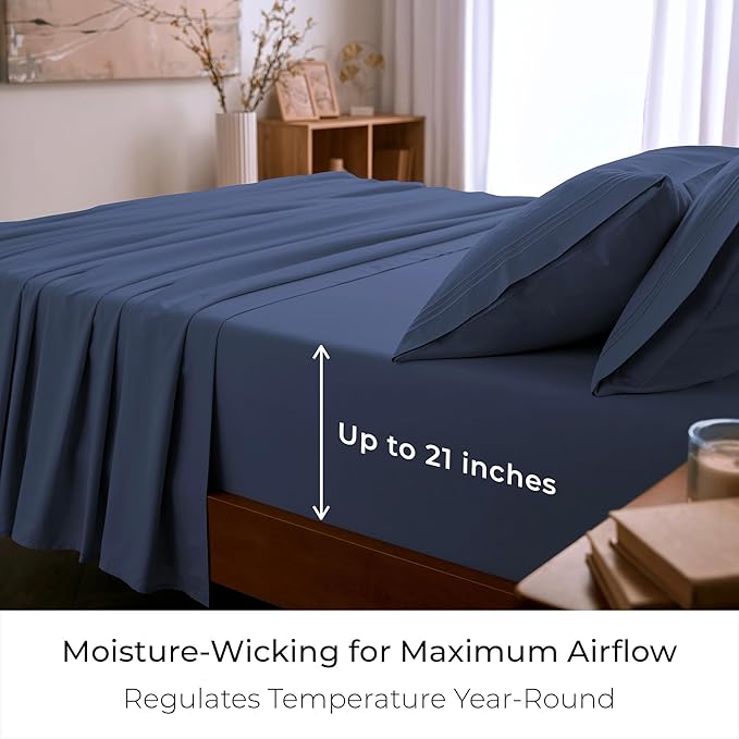 Mellanni Queen Sheet Set - 6-Piece Iconic Collection Bedding, (Including 4 Pillowcases), 21-Inch Extra Deep Pocket, Easy Care, Ultra Soft, Cooling Sheets, Brushed Microfiber - Blue Nova