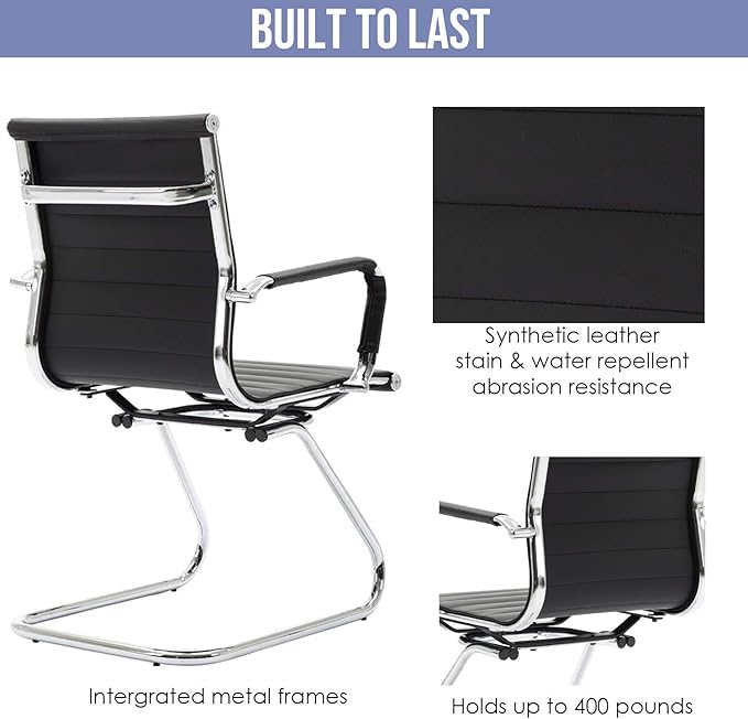 Wahson Office Guest Chairs Set of 10, Leather Reception Chairs, Mid Back Waiting Room Chair, Conference Chairs with Sled Base, Desk Chair No Wheels for Meeting/Lobby/Restroom, Black