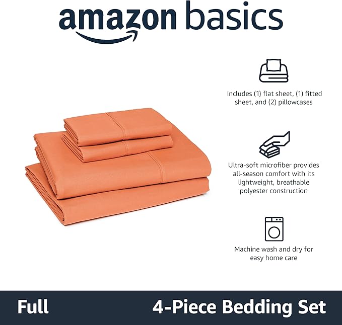 Amazon Basics Lightweight Microfiber 4-Piece Bed Sheet Set, Brick, Solid, Full