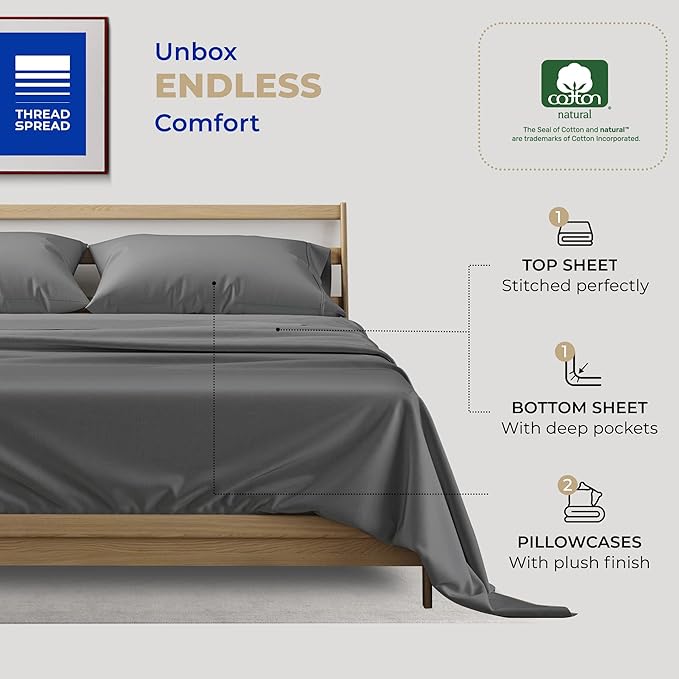 THREAD SPREAD 100% Cotton Queen Sheets Set - 400 Thread Count Queen Size Sheets (4 PC, Dark Grey), 16" Deep Pocket All Around Elastic, Soft, Cooling, Durable & Breathable Sateen Weave Bed Sheet Set