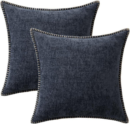 MIULEE Pack of 2 Couch Throw Pillow Covers 20x20 Inch Dark Blue Farmhouse Decorative Pillow Covers with Stitched Edge Soft Chenille Solid Dyed Spring Pillow Covers for Sofa Bed Living Room