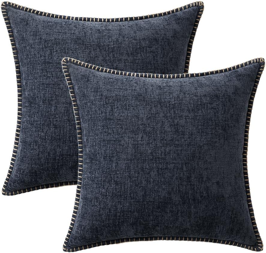 MIULEE Pack of 2 Couch Throw Pillow Covers 16x16 Inch Dark Blue Farmhouse Decorative Pillow Covers with Stitched Edge Soft Chenille Solid Dyed Spring Pillow Covers for Sofa Bed Living Room