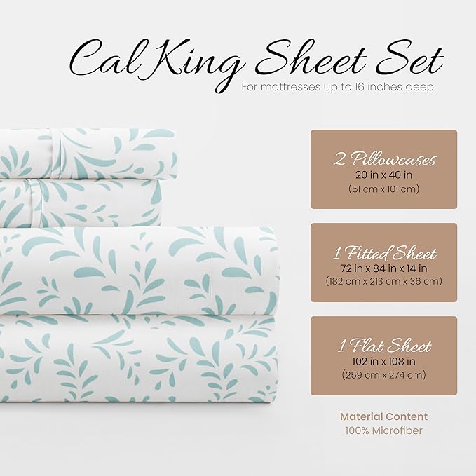Linen Market Double-Brushed Patterned Microfiber California King Sheet Set 4 Piece – Oeko-TEX Certified Ultra Soft & Wrinkle-Free - 16" Deep Pocket Sheets Easy Care Cal-King Size - Vines Light Blue