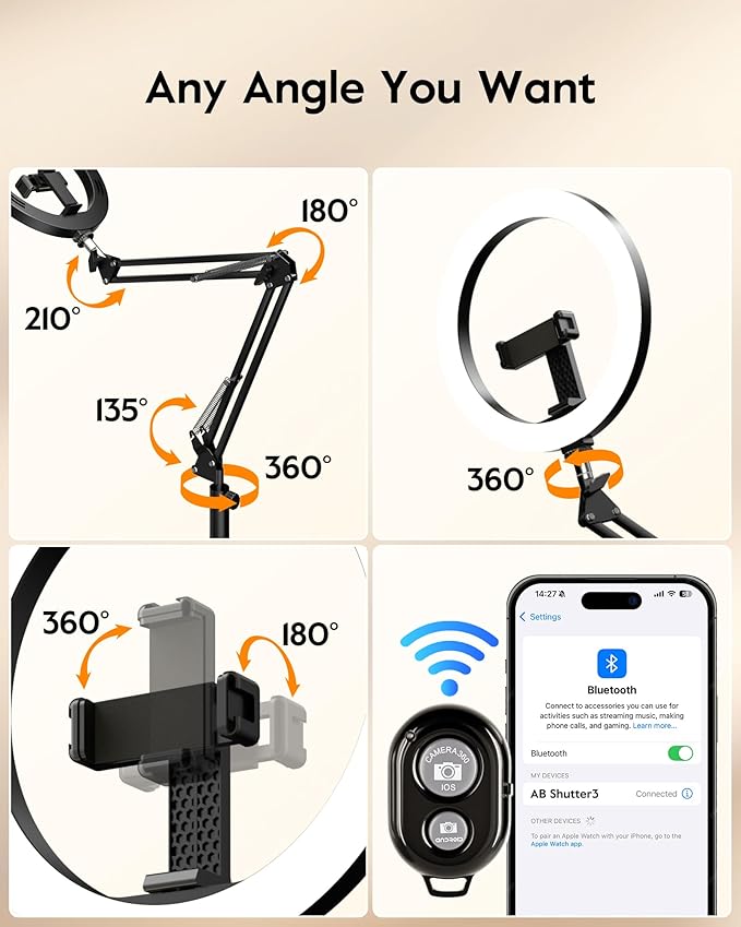 LUXSURE Ring Light Tripod for iPhone with Light,71" Overhead Camera Mount with Phone Holder,Adjustable Ring Light with Stand and iPhone Tripod for Video Recording,Cooking,Painting,TikTok,YouTube
