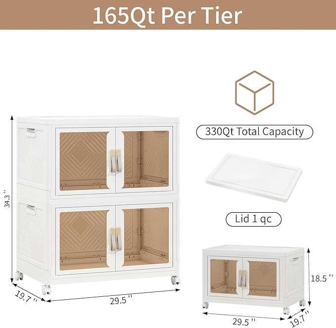 Large Stackable Storage Bins with Lids, 330QT-165QT*2Tier Foldable Cabinet for Closet Organizers, Plastic Storage Containers Box with Wheels