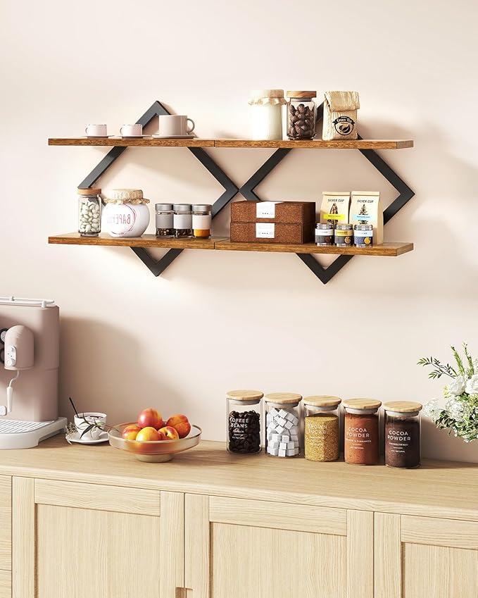 IBUYKE Floating Shelves,15 Inch Wall Shelf Set of 2,Wall Mounted Shelves,2 Tier Hanging Decorative Storage Shelf for Living Room, Bedroom, Bathroom, Kitchen TFS003H-2