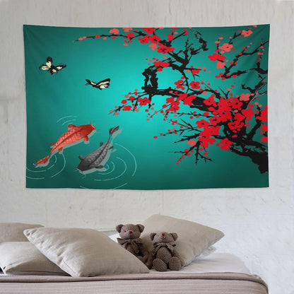 Houselerax Japanese Koi Fish Tapestry, Cherry Blossoms Asian Oriental Green Teal Floral Branch Koi Fish Carp Tapestries Wall Hanging for Bedroom Living Room Office Decor 90"x60"