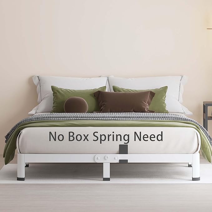 MAF 4 Inch Queen Metal Platform Bed Frame White with Round Corner Legs, Mattress Slide Stopper, 3000 LBS Heavy Duty Steel Slats Support, Noise Free, No Box Spring Needed, Easy Assembly