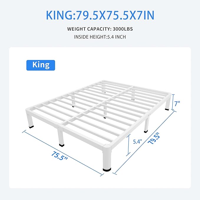 MAF 7 Inch King Metal Platform Bed Frame White with Round Corner Legs, Mattress Slide Stopper, 3000 LBS Heavy Duty Steel Slats Support, Noise Free, No Box Spring Needed, Easy Assembly