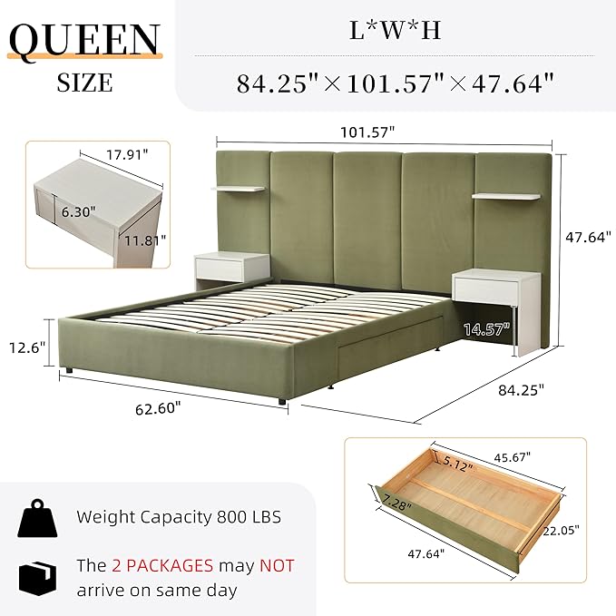 Queen Bed Frame with Storage & Built-in Nightstands, Velvet Upholstered Platform Bed Frame with Drawers & 2 Floating Storage Shelves, Noise-Free, No Box Spring Needed, Easy Assembly, Green