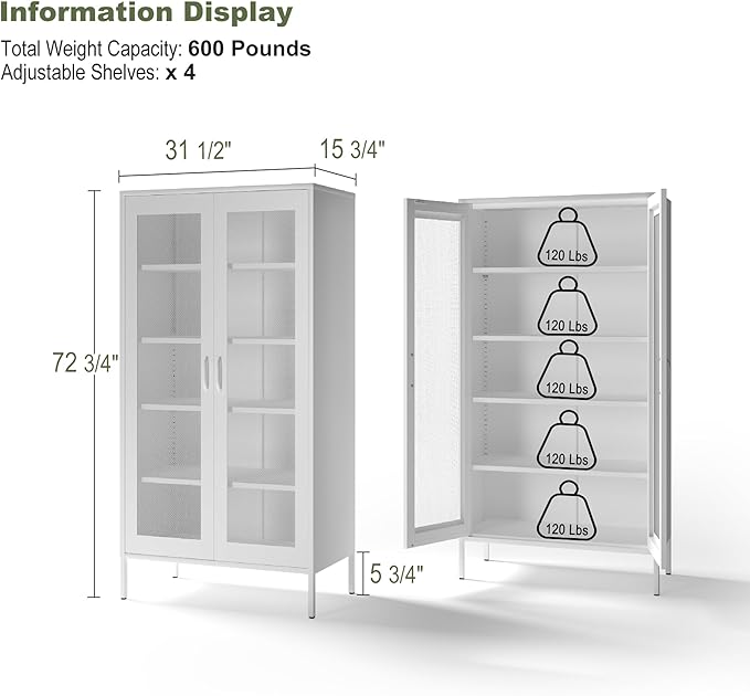 COFaR Modern Mesh Storage Cabinet, Free Standing Tall Pantry, Cupboard Metal Display Cabinet for Living Room, Kitchen, Dining Room