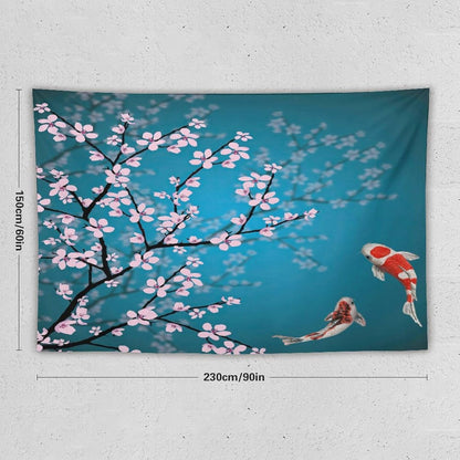 Houselerax Japanese Koi Fish Tapestry, Cherry Blossoms Asian Oriental Green Teal Flower Branch Koi Fish Carp Tapestries Wall Hanging for Bedroom Living Room Office Decor 90"x60"