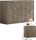 LEYAOYAO Fluted Dresser and Nightstand Sets, Wood 48" Wide Dresser & 23" Night Stand with Charging Station, 2 Piece Bedroom Furniture Set, Chest of Drawers for Bedroom, Home, Living Room, Grey