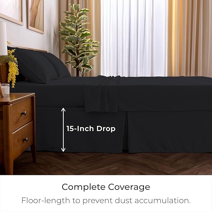 Mellanni Bed Skirt Cal King Size- Bed Skirting - 15-Inch Tailored Drop Pleated Dust Ruffle - Hotel Luxury Bedding - Wrinkle, Fade, Stain Resistant - 1 Bedskirt (Cal King, Black)