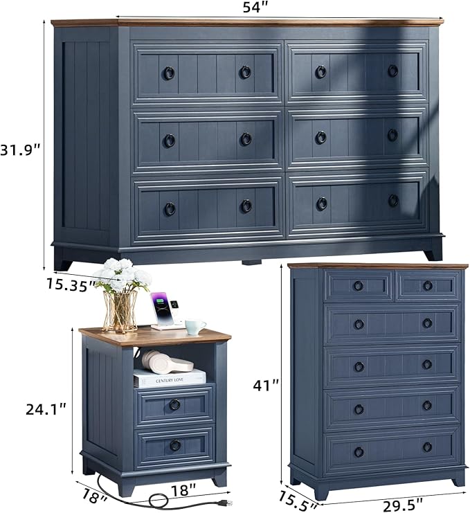 Bedroom Dresser and Nightstand Sets 4 Piece, Farmhouse 6 Drawers Dresser & 40.5" Tall Chest of Drawers,18" Nightstands with Charging Station,54" Wide Furniture Dressers for Bedroom,Living Room