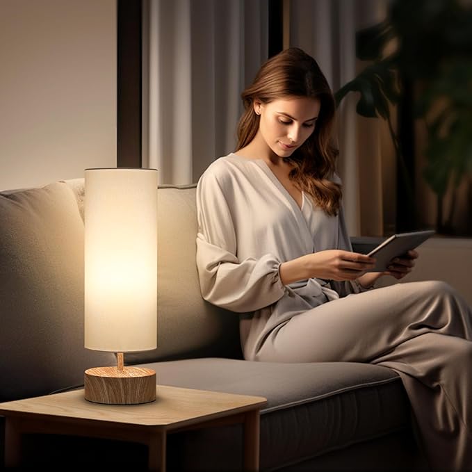 Touch Table Lamp with Metal Base Covered with Wood Grain, 3 Way Dimmable Bedside Nightstand Lamp with White Shade, Simple Night Light for Bedroom Living Room Home Office, LED Bulb Included