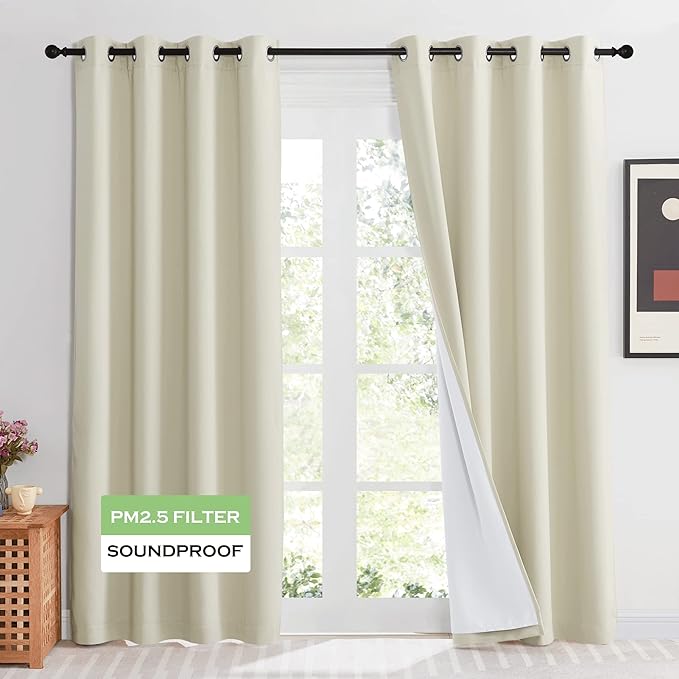 KGORGE Soundproof & Dust Particle Filtering Curtains 100% Blackout Window Cover Thermal Insulating Energy Smart Curtains for Living Room Bedroom Baby Nursery, W 52 x L 108 inches, Cream Beige, 1 Pair