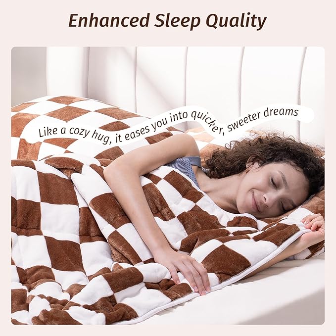 Wemore Flannel Fleece Weighted Blanket for Adult Twin Size 15 lbs, Dual Sided Luxurious Checkerboard Grid Heavy Blankets, Ultra Soft Throw Blanket, Plaid Khaki, 48 x 72 inches
