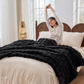 Fluffy Plush Faux Rabbit Fur Throw Blanket - Cozy, Fuzzy Bubble Blanket with Thick, Warm Decorative Fabric for Bed, Sofa (Queen Size 90''x90'', Black)