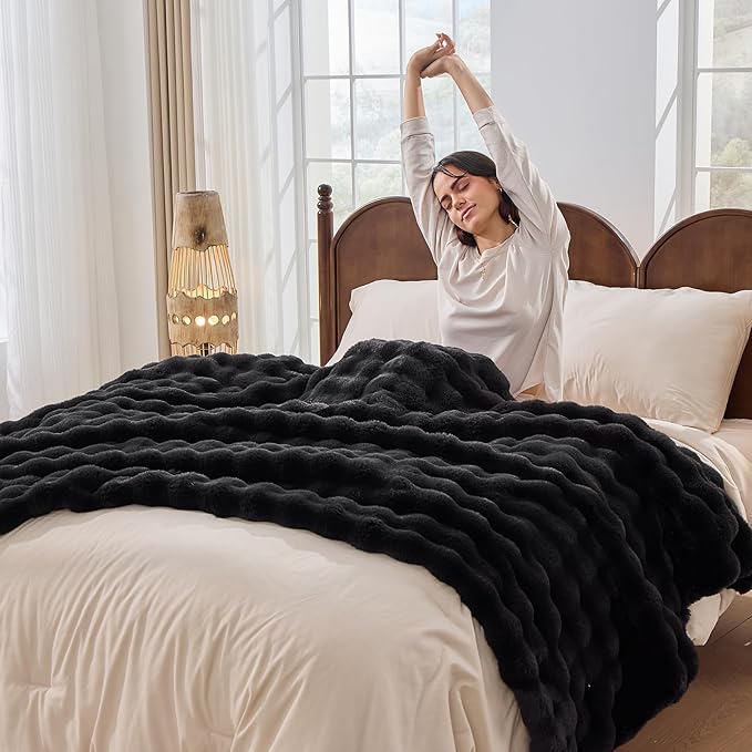Fluffy Faux Rabbit Fur Throw Blanket - Soft, Luxury, Cozy Thick Warm Decorative Blanket for Bed, Sofa (Throw Size 50''x60'', Black)