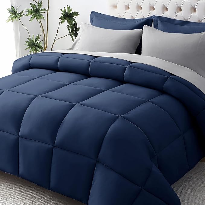 JOLLYVOGUE King Comforter Set, Ultra-Soft Bed in a Bag King Size 7 Pieces, Oeko-TEX Certified Bedding Set with Down Alternative Comforter, Sheets, Pillowcases & Shams, Navy Blue & Light Grey