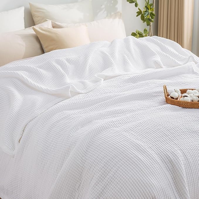 PHF 100% Cotton Waffle & Muslin Blanket Queen Size, Soft Breathable Luxury 400GSM Versatile Reversible Bedding for Bed, Great for Layering in Cold Weather, Home Decor Gift, 90" x 90", White