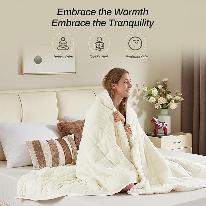 Sherpa Fleece Adult Weighted Blanket, 15 Pounds Dual Sided Soft Plush Blanket for Couch Bed Sofa, Heavy Thick Blankets with Glass Beads Great for Sleep, 60 x 80 inches, Cream White on Both Sides