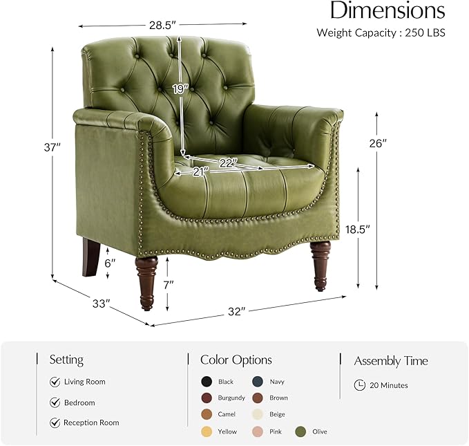 HULALA HOME Mid Century Modern Leather Club Chairs, Top-Grain Genuine Leather Armchairs with Button-Tufted Back & Solid Wood Legs, Accent Chairs for Living Room/Bedroom/Home Office, Olive