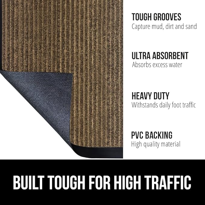 GORILLA GRIP Waterproof Traffic Guard Door Mat, 59x24, Heavy Duty Entryway Mats, Strong Rubber Back Commercial Utility Rugs for Office Hallway, Garage Floor and Home, Low Profile Carpet Runner, Brown