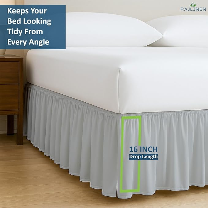 Rajlinen Ruffled Bed Skirt King, 16 Inch Drop Dust Ruffle with Split Corners, 100% Microfiber Bedskirt with Platform, Three-Sided Coverage Ruffled Gathering Design, Light Grey