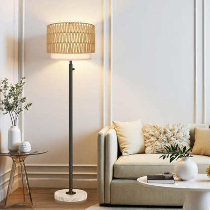 Floor Lamp for Bedroom,Dimmable Rattan Floor Lamp,Modern Standing Lamp with Marble Base,Tall Standing Lamp for Bedroom, Reading,Office & Kids' Room,LED Bulb Included(Rattan)