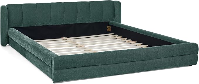 DEINPPA Queen Size Bed Frame with Cloud Soft Headboard, Chenille Upholstered Grounded Wood Base Bed Frame, No Box Spring Needed-Blue+Green