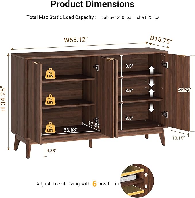 Sideboard Cabinet, 55'' Buffet Cabinet, Modern Fluted Storage Cabinet with Adjustable Shelf & Doors, Accent Credenza Sideboard for Kitchen, Coffee Bar, Living Room, Entryway, Hallway