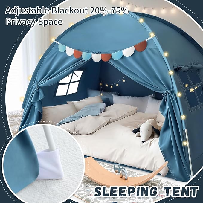 Razee Full Size Bed Canopy for Kids, Toddler Bed Tent Dream Playhouse Privacy Floor Sleeping Tents Indoor Under Bunk Bed Tent with Pennant Banners, Kid House Toys for Boys Girl Birthday Gift