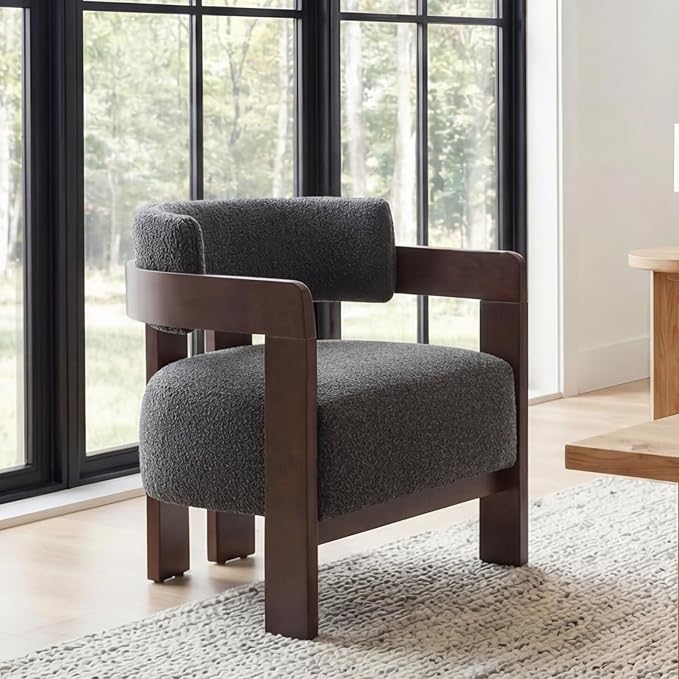 Barrel Accent Chairs Set of 2, Cozy Upholstered Living Room Chair for Bedroom, Walnut Wood Frame, Vintage Modern Lounge Reading Chairs for Apartment Waiting Room Office, Charcoal