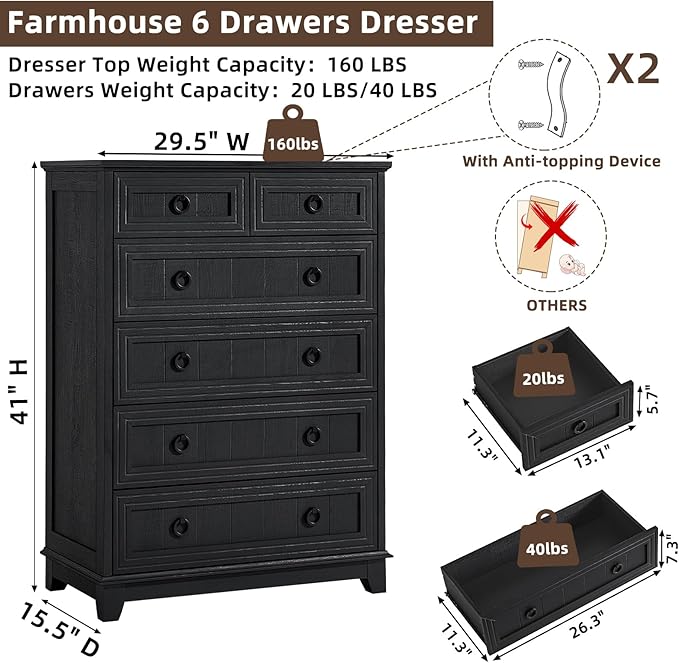 Farmhouse 6 Drawer Dresser for Bedroom Set of 2, 41" Tall Small Dressers & Chest of Drawers, Rustic Wood Dresser with Metal Handle, Storage Organizer Closet for Living Room, Hallway, Entryway