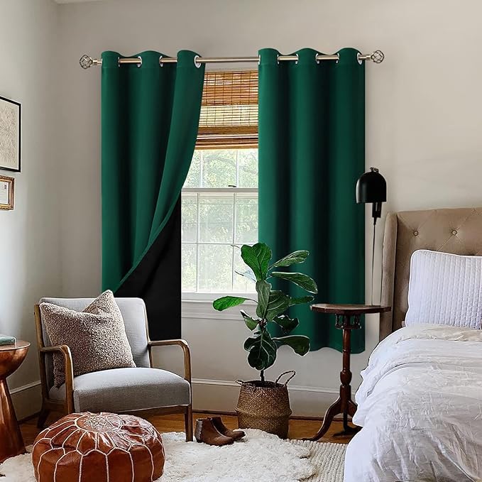 BGment Thermal Insulated 100% Blackout Curtains for Bedroom with Black Liner, Double Layer Full Room Darkening Noise Reducing Grommet Curtain (42 x 63 Inch, Emerald, 2 Panels)