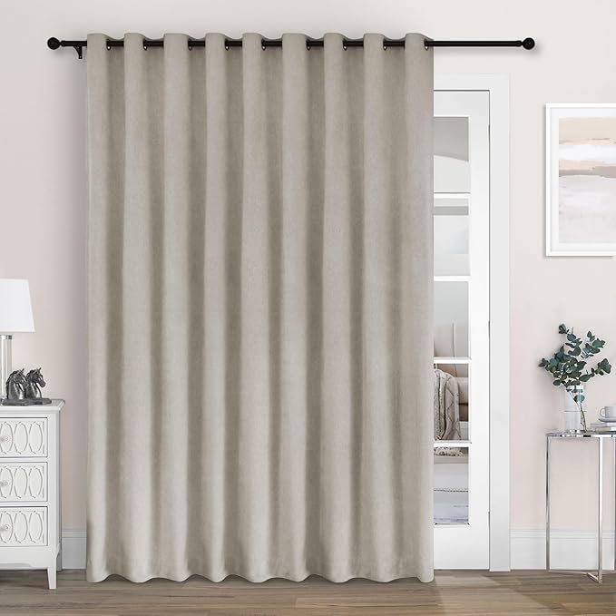 Macochico 100" Wx84 L Beige Full Blackout Curtains for Sliding Door, Thermal Insulated Drapery for Living Room Bedroom Windows Patio Door, Modern Chenille Grommet Curtains with Tieback 1 Panel