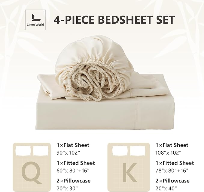 400TC Queen Sheets, Rayon Derived from Bamboo, Cooling Bed Sheets Set,Deep Pocket Up to 16", 4 Pieces Silky Soft, Breathable Bedding Sheets & Pillowcases,Cream