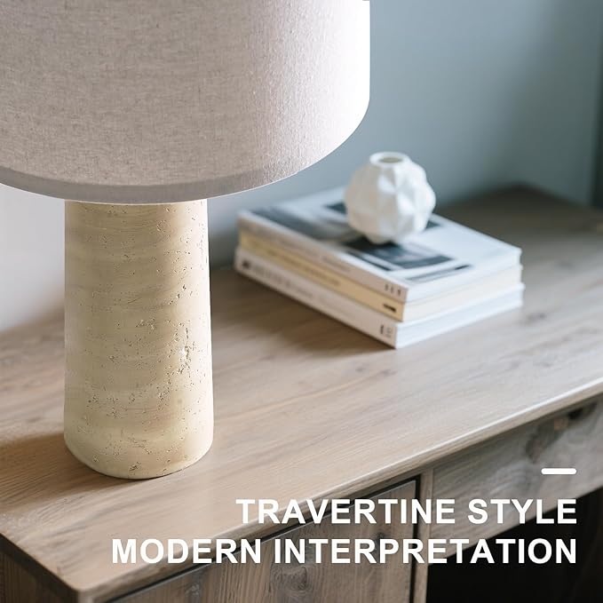 BOBOMOMO 27.25" Modern Table Lamp Set of 2, Warm Beige Resin Lamp with Natural Stone Look, Lamps for Living Room with Linen Shades, Bedside Lamp for Bedroom, Living Room, Nightstand, Entryway